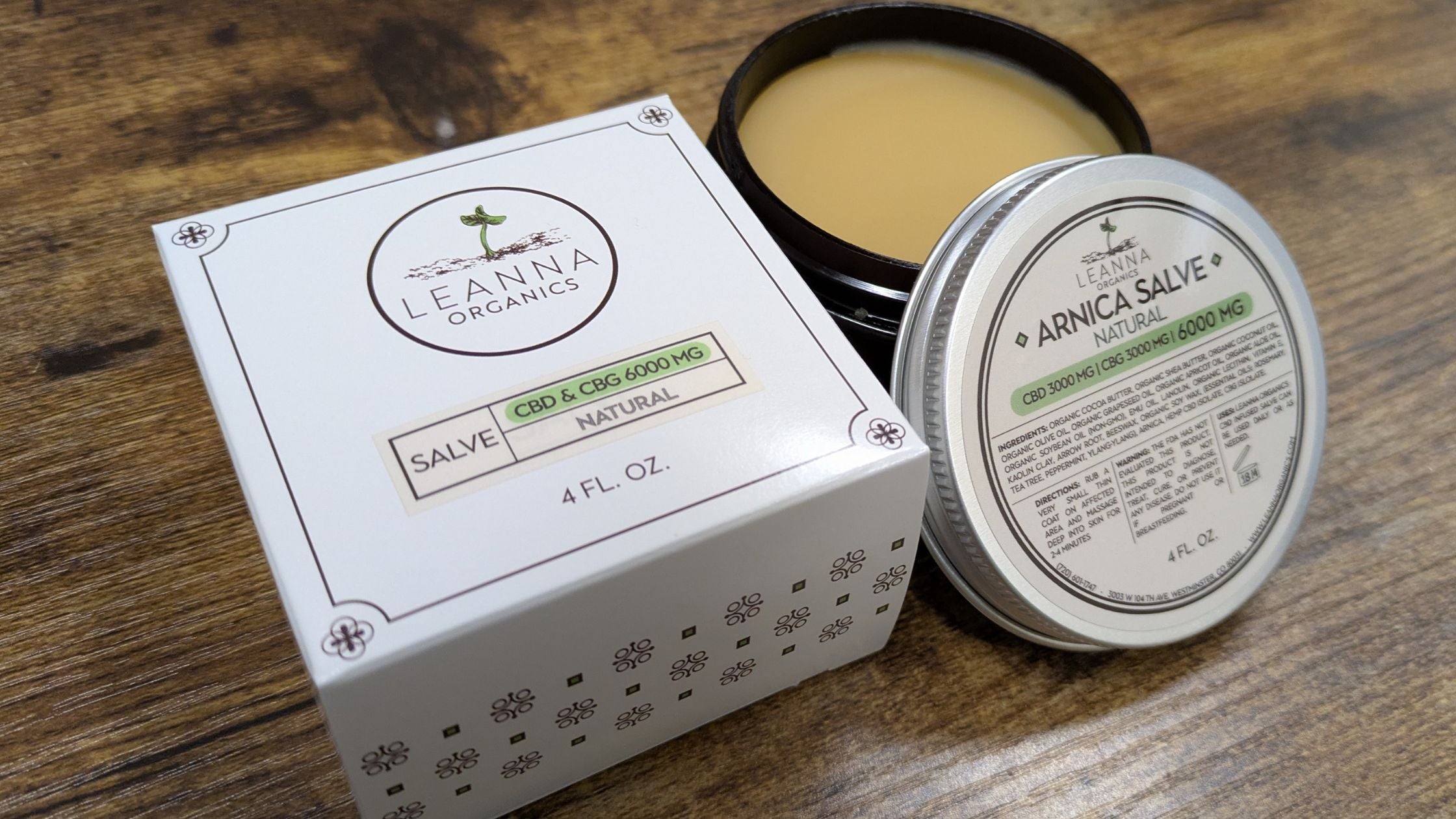 Leanna Organics CBD arnica salve with the lid off