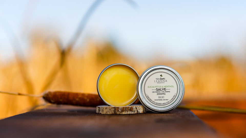 Leanna Organics CBD salve with nature background.