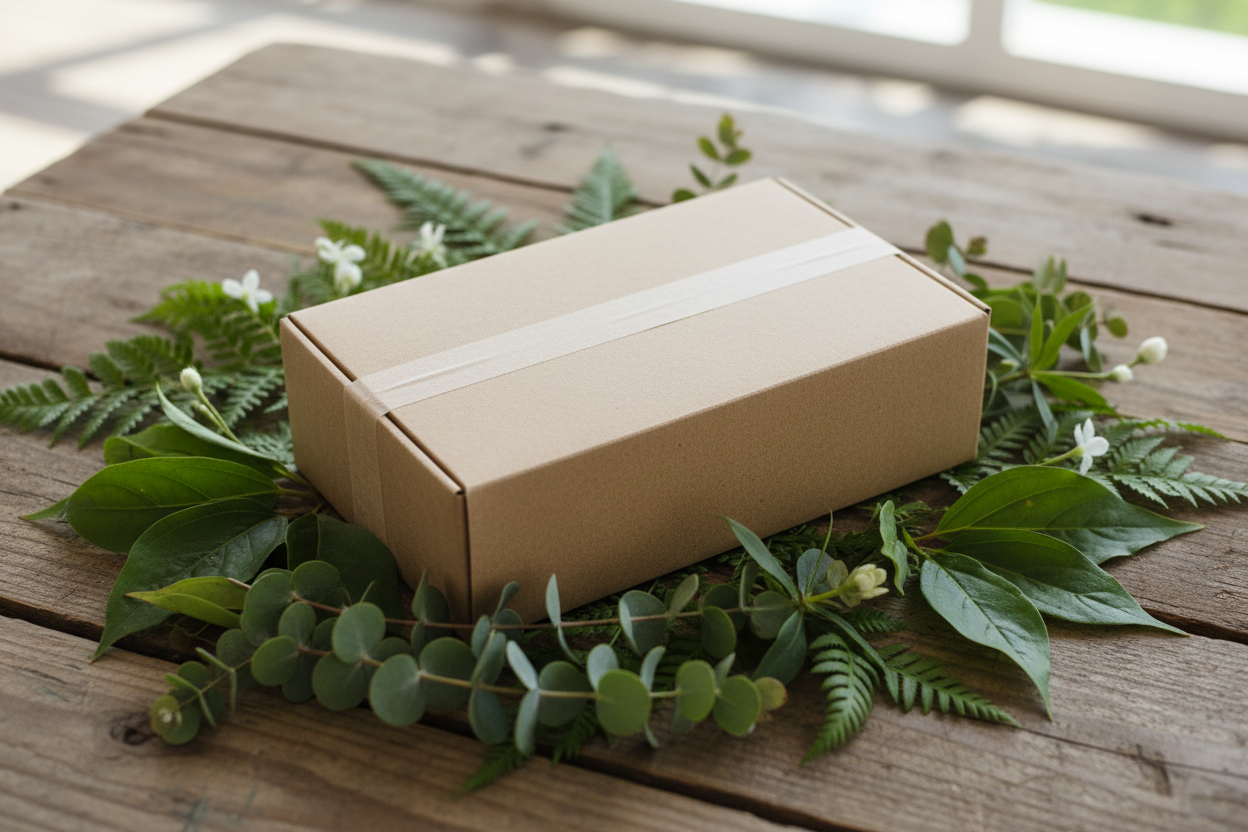 Brown box with white tape on a wooden surface with green leaves